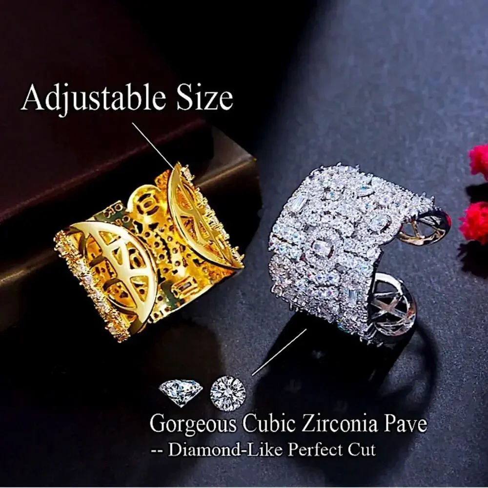 White Gold Plated Zircon Ring, Adjustable, Wide Band, Statement Jewelry